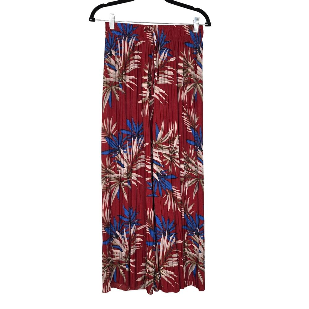 Tropical Palm Print Pants Women One Size Red Pleated Wide Leg Lounge Travel Boho